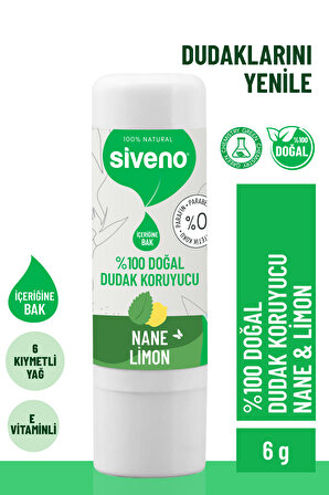 Siveno %100 Doğal Dudak Koruyucu Nane & Limon Bitkisel Lipbalm Krem Nemlendirici Parlatıcı Onarıcı 6 G
