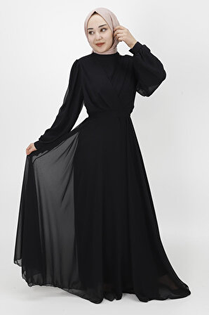 Kruvaze Görünümlü Şifon Kumaş Elbise