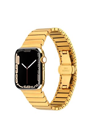 Kordon Store Apple Watch 42-44-45-49mm Uyumlu Çizgi Rasarımlı Metal Kordon-79 Gold
