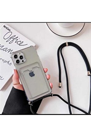Iphone 12 Pro Max Şeffaf Kartlıklı Boyun Askılı Ipli Kılıf