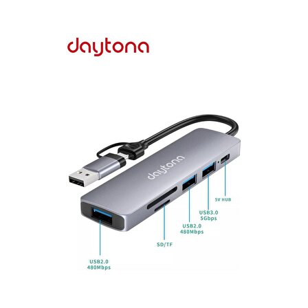 Daytona HC-13FL Macbook Uyumlu Type C & USB To 2*usb Sd / Tf Pd 5 Port Çevirici Hub Adaptör