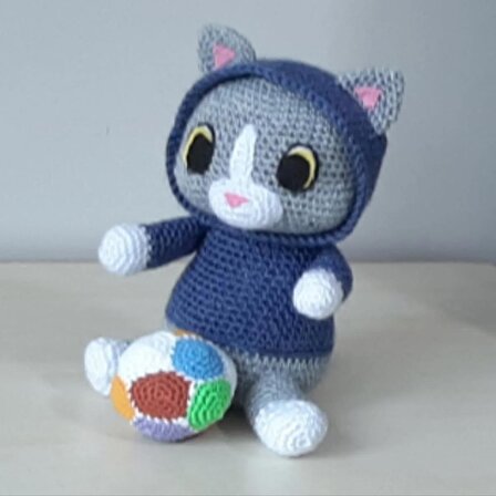 Amigurumi Örgü Oyuncak Kedi Mavi Kapüşonlu