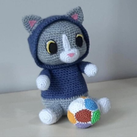 Amigurumi Örgü Oyuncak Kedi Mavi Kapüşonlu