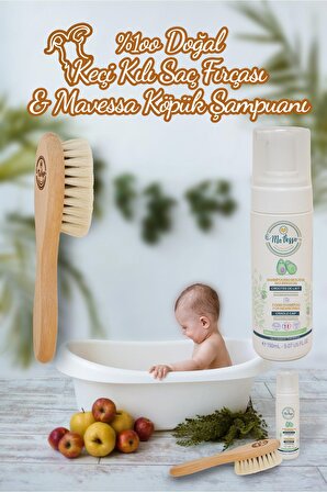 %100 Doğal Keçi Kılı Bebek Saç Fırçası(Konak Tarağı) ve Yeni Doğan Konak Önleyici Köpük Şampuan Seti
