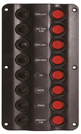 Marintek Sigorta paneli 8 Switch 210x100mm Siyah Plastik 12DC