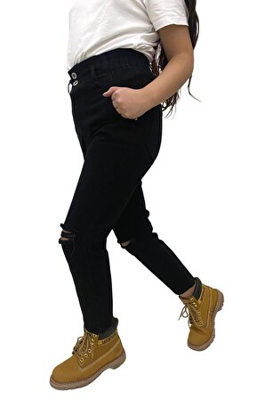 Kız Çocuk Yüksek Bel Dizi Yırtık Likralı Jean Kumaş Dar Paça Kot Pantolon