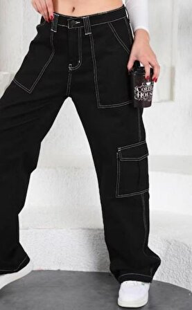 Kız Çocuk Siyah Ters Diliş Detaylı Denim Kargo Pantolon Kot Jean