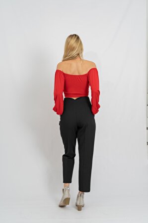 Kadın Kırmızı Önü Büzgülü Uzun Kollu Crop Bluz