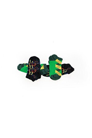 Kadın Patik Çorap Pamuk 4'lü desenli Ekoseli Yeşil - Siyah Karışık Desenli