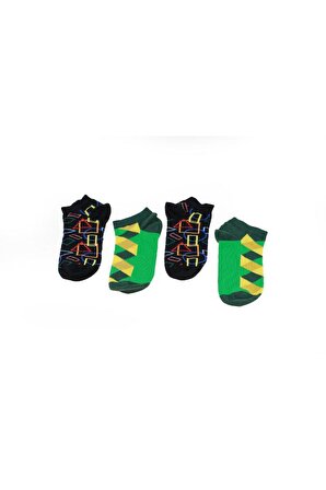 Kadın Patik Çorap Pamuk 4'lü desenli Ekoseli Yeşil - Siyah Karışık Desenli