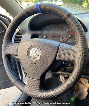 Volkswagen Caddy 2007-2010 Araca Özel Dikmeli Direksiyon Kılıfı (Karbon Nokta Mavi Yüzüklü)