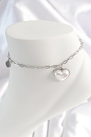 Çelik Gümüş Renk Zincir Model 3D Kalp Beyaz Kalp Figür Kadın HalHal