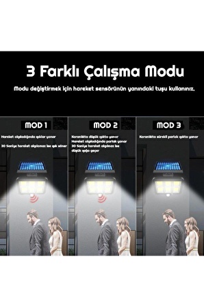 Su Geçirmez 3 Modlu 160 Cob Solar Led Hareket Sensörlü Kumandalı