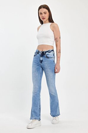 Explode - Kadın Mavi Likralı Yüksek Bel Flare Jeans