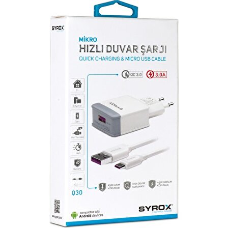 Syrox Q30 Micro USB Hızlı Şarj Aleti Beyaz