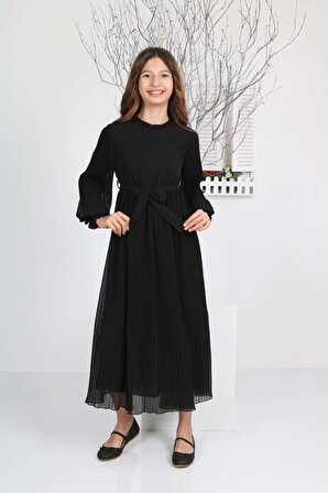 Kız Çocuk Uzun Boydan Pliseli Şifon Siyah Tesettür Elbise