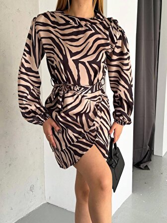 Brg Clothing Krem Zemin Zebra Saten Belden Kuşak Bağlamalı Abiye Mini Elbise