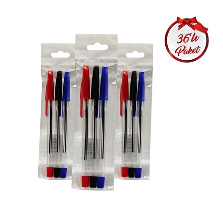 Avantajlı Tükenmez Kalem Seti 36 Paket - 3 Renk (Siyah, Mavi, Kırmızı)