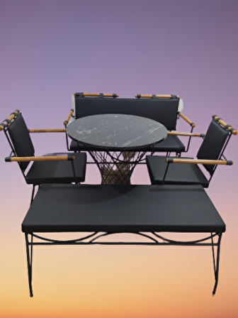 Bengi Sandalye PENYEZ Klasik Takım Model Metal Çelik Siyah fırın Siyah Suni Deri Balkon-Bahçe El yapım