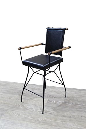 Sandalye PENYEZ Bar Yüksek Model Metal Çelik Siyah fırın Siyah Boya Suni Deri Balkon-Bahçe El yapım