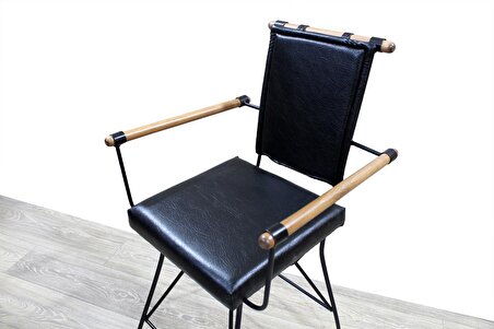 Sandalye PENYEZ Bar Yüksek Model Metal Çelik Siyah fırın Siyah Boya Suni Deri Balkon-Bahçe El yapım
