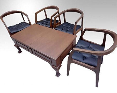Bengi Orta Sehpa TAVLA -SATRANÇ Model Kayın Aslan Parlak Ceviz Boyalı Tam Kolçak 4Adet Sandalye El Yapım