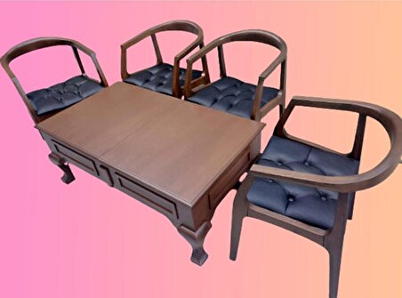 Bengi Orta Sehpa TAVLA -SATRANÇ Model Kayın Aslan Parlak Ceviz Boyalı Tam Kolçak 4Adet Sandalye El Yapım