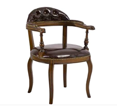 Bengi Sandalye Zus150 Vintage Model Tam Kolçak Kapitone Ahşap İskelet Parlak Ceviz Boya Suni Deri El Yapım
