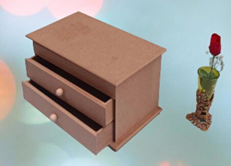 Hobi Dekoratif Model Makyaj Kutusu 2 Çekmece Ahşap MDF HAM El Yapımı 