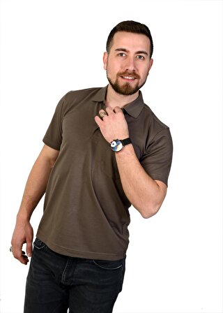 Erkek  Polo Yaka Kahverengi Pike Kumaş Klasik Kesim Düz T-Shirt