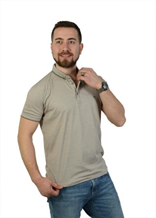 Erkek Vizon  Polo Yaka Düz T-Shirt Cepsiz Regular Rahat Kesim
