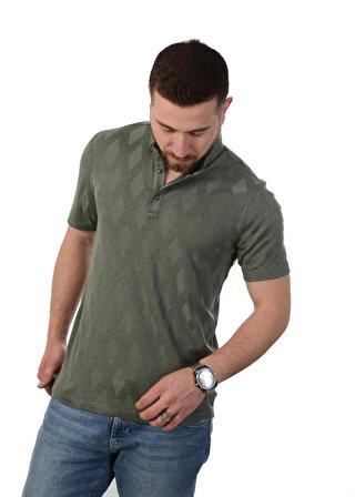 Erkek Yeşil  Polo Yaka Baklava Desen T-Shirt Regular Rahat Kesim