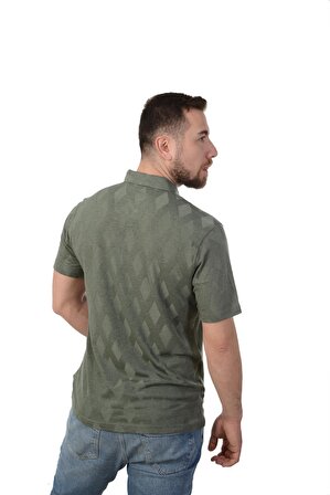 Erkek Yeşil  Polo Yaka Baklava Desen T-Shirt Regular Rahat Kesim