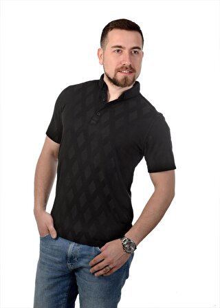 Erkek Siyah Polo Yaka Baklava Desen T-Shirt Regular Rahat Kesim