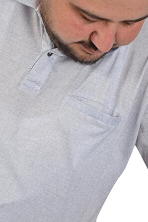 Büyük Beden Açık Gri Polo Yaka Düz Erkek  T-Shirt Klasik Kesim