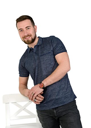 Erkek Lacivert Polo Yaka Düz T-Shirt Klasik Kesim