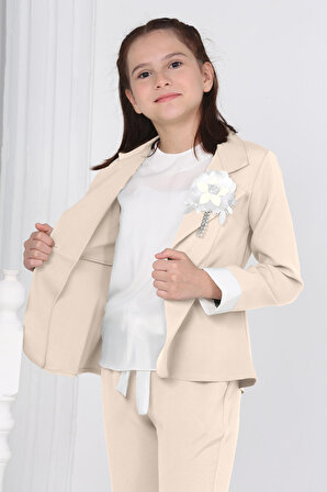 Kız Çocuk Takım Elbise-Blazer Ceket-Pantolon Bluz 3'lü Takım