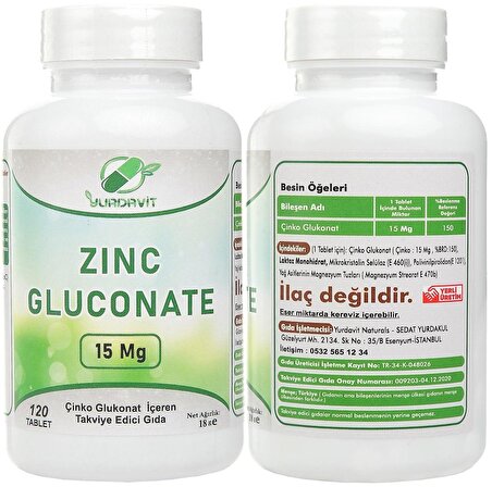 Yurdavit Zinc Gluconate Çinko Glukonat 120 Tablet Vitamin C 1000 Mg C Vitamini Kuşburnu 50 Tablet