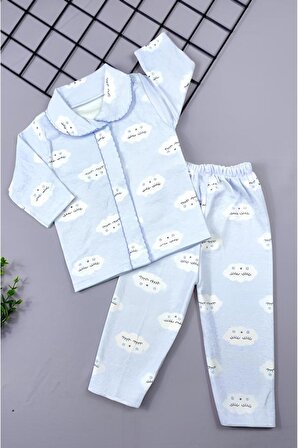%Pamuk Bulut Desenli Yakalı Bebek Alt Üst Pijama Takım 0-6 Ay