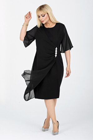 Kadın Büyük Beden Siyah Dokuma Kumaş Şifon Üzeri Cam Taş Aksesuarlı Abiye Elbise