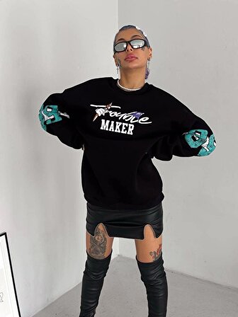 Siyah Trouble Maker Oversize Sweatshirt