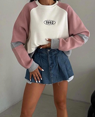 1992 Baskılı Gül kurusu Oversize Sweatshirt