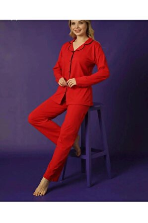 
Önden Düğmeli Uzun Kol Kadın Pijama Takım Kırmızı