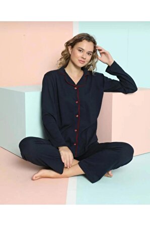
Önden Düğmeli Uzun Kol Kadın Pijama Takım Lacivert