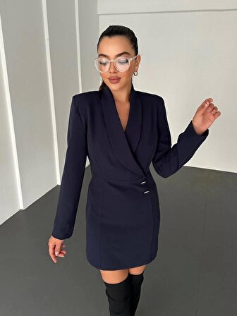 Kadın Şal Yaka Lacivert Mini Ceket Elbise