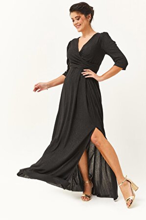 Kadın Büyük Beden Kruvaze Yaka Simli Uzun Siyah Abiye & Gece Elbisesi