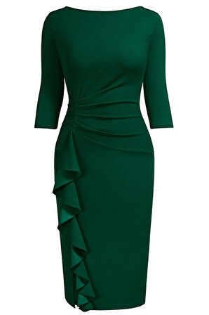 Kadın Büyük Beden Yeşil Bodycon Fırfırlı Yırtmaçlı Büyük Beden Abiye Elbise