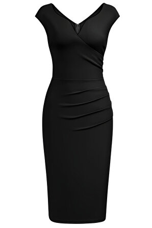 Kadın Büyük Beden Siyah Kalp Yaka Etek Drapeli Midi Abiye Elbise
