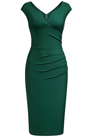 Kadın Büyük Beden Yeşil Kalp Yaka Etek Drapeli Midi Abiye Elbise