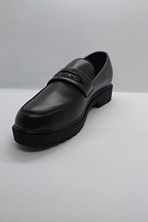 %100 El İşçiliği Rahat Taban Bağcıksız Siyah Renk İmalat Deri Klasik Kundura Ayakkabı